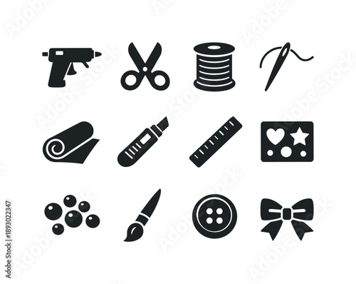 DIY Craft Icons. DIY craft projects. Solid icon set of DIY craft projects: glue gun, scissors, thread spool, needle, fabric roll, craft knife, ruler, stencil,
