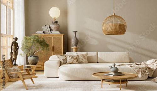 Bild auf Leinwand Calm Japandi living room interior with wooden furniture, rattan lamp, soft beige tones and natural light for cozy minimalist design