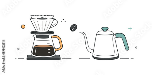 Minimalist Coffee Setup. Pour over coffee set. A minimalist pour over coffee setup with a dripper, server, and kettle arranged neatly on a clean surface. Calm