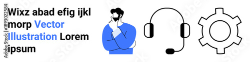 Man in thoughtful pose, headset symbolizing communication, and gear for process or technology problem-solving. Ideal for tech support, customer service, teamwork, innovation, strategy, tech tools