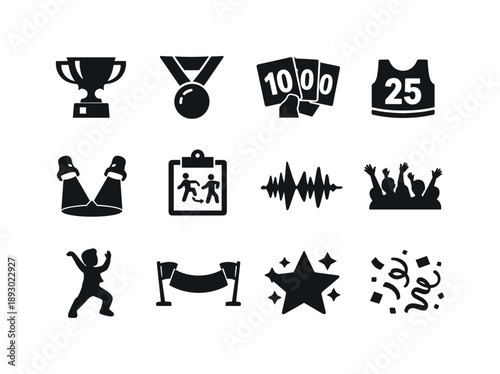 Kids Dance Icons. Kids dance competition. Solid icon set of kids dance competition: trophy, medal, judge scorecard, number bib, stage spotlight, choreography