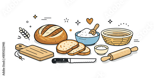 Artisan Bread Still Life. Artisan bread still life props. Sourdough loaf, bread slices, and simple baking tools placed neatly, expressing handmade food and