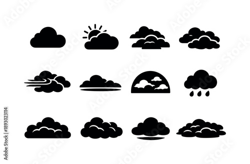Cloudy Weather Icons. Cloudy Day Atmosphere. Solid icon set of Cloudy Day Atmosphere: daytime cloud, sun behind thick clouds, layered cloudscape, drifting