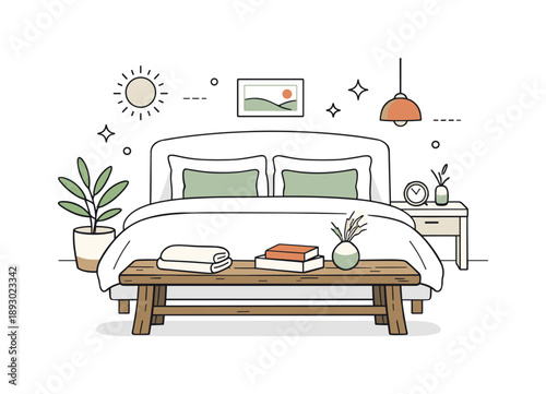 Minimalist Bedroom Design. Minimal bedroom with natural accents. A rustic wooden bench sits at the foot of the bed, paired with simple textiles and clean