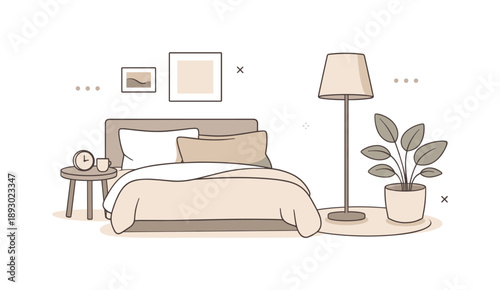 Neutral Bedroom Serenity. Neutral color home decor. A bedroom corner with neutral-toned bedding, a floor lamp, and a plant, showing peaceful atmosphere and