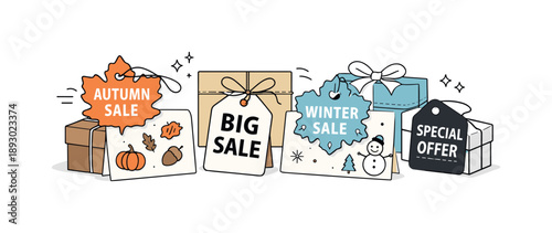 Seasonal Sale Tags. Shopping and retail seasonal tags. A neat editorial scene of autumn and winter sale tags attached to small cards and gift boxes, creating a
