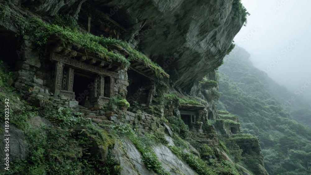 Fototapeta premium Ancient buildings carved into a mountainside