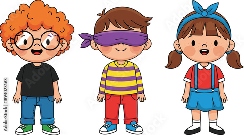 Cute Children Character Illustration Set with Boy and Girl Cartoon Kids Standing Together for Education, Games, Storybooks, and Learning Designs