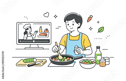 Calm Cooking Tutorial. Healthy cooking learning. Person cooking while watching a simple tutorial on a screen, calm and curious expression. Everyday learning