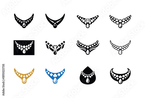 Diamond Icon Set. Diamond-encrusted accessories. Icon set. Set Logo of Diamond-encrusted accessories: diamond-studded necklace. harmonious logo variations of