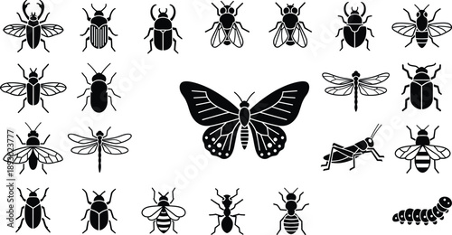 Insect Silhouette Icon Set with Butterfly, Bee, Beetle, Dragonfly, Ant, Grasshopper, and Caterpillar for Biology and Nature Designs
