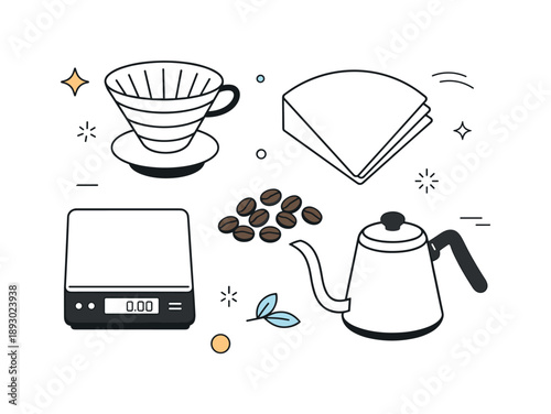Coffee Brewing Essentials. Manual coffee brewing tools flat lay. Top view of dripper, paper filters, scale, kettle, and coffee beans arranged evenly,