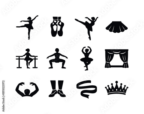 Ballet Icon Set. Ballet. Solid icon set of ballet: ballerina silhouette, pointe shoes, arabesque pose, tutu skirt icon, barre practice symbol, plie stance,