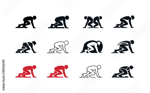 Track Workout Icons. Track workout. Icon set. Set Logo of track workout: sprinter starting block pose. harmonious logo variations of the same emblematic