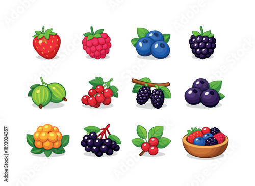 Berry Icons Collection. Berry Fruits. Colorful flat vector icons set of Berry Fruits: strawberry, raspberry, blueberry cluster, blackberry, gooseberry, currant