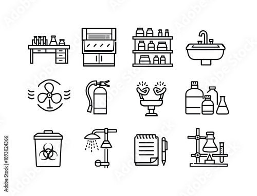 Chemistry Lab Icons. Chemistry Lab Environment. Line icon set of Chemistry Lab Environment: lab bench, fume hood, reagent shelf, sink, ventilation icon, fire