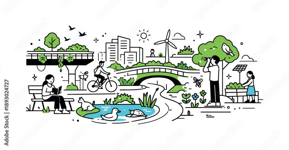 Fototapeta premium Eco-City Integration. Nature integrated into city infrastructure. Trees, plants, and animals are woven into streets, bridges, and public spaces, showing a