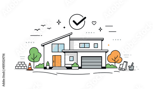 Minimalist Completed House Design. House building completion. A finished house with clean lines, surrounded by simple trees and subtle construction elements