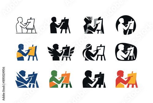 Creative Icons Grid. Inspired individuals engaged in creative processes (art, writing, music). Icon set. Set Logo of inspired individuals engaged in creative