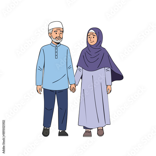 Cartoon illustration of a smiling elderly Muslim couple wearing traditional clothing and holding hands against a clean white background with a cute and heartwarming atmosphere.