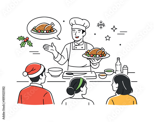 Festive Cooking Class. Holiday cooking class instruction. Chef or instructor explaining a holiday dish while participants watch attentively, focused atmosphere