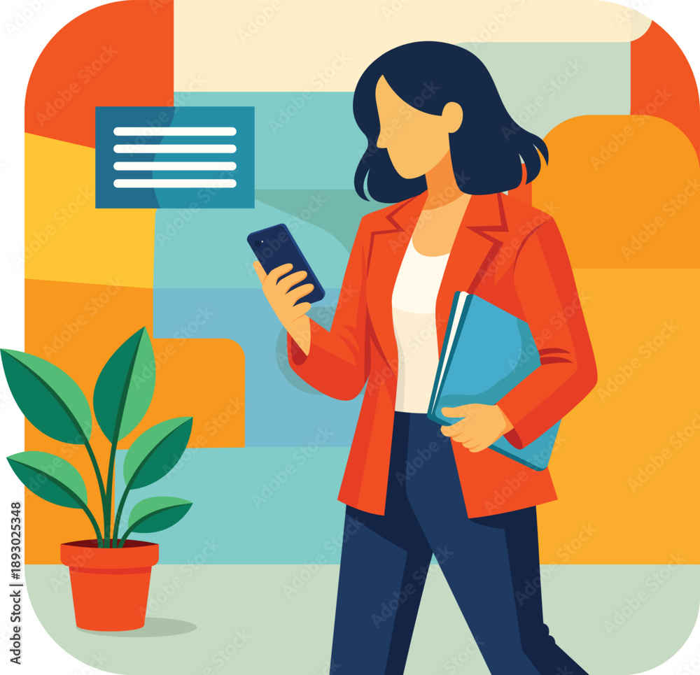 Naklejka premium Professional woman checking communication on mobile phone with folder and plant Vector illustration