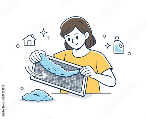 Lint Trap Cleaning. Cleaning dryer lint trap. A focused character holding a lint screen with soft fibers being removed in one smooth motion. The