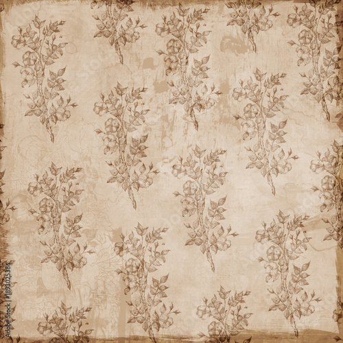 Vintage beige floral pattern with hand-drawn botanical branches and aged paper texture, elegant antique style ideal for wallpapers and classic designs.