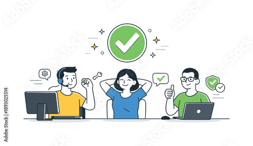 IT Support Success. IT support team success. Issue resolved with a checkmark icon, team members relaxed and satisfied near their screens.