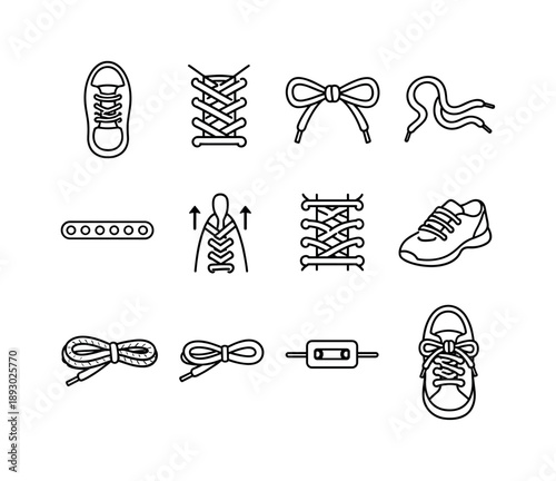 Sneaker Lace Icons. Sneaker laces. Line icon set of Sneaker laces: sneaker top view, lace pattern, tied bow, loose laces, lace holes row, lace pull motion,