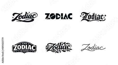 Zodiac Signs Lettering. Astrology zodiac signs lettering. Set lettering. harmonious lettering variations of the same emblematic concept, each with different