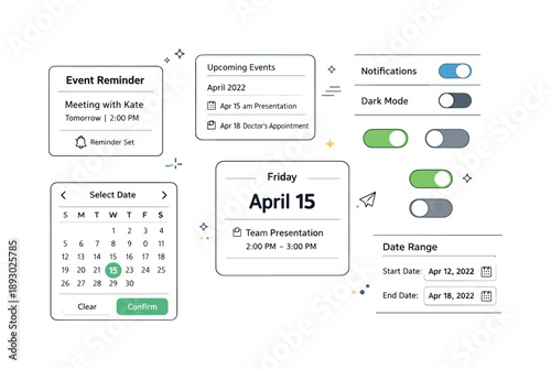 Minimalist Calendar UI Design. Digital calendar components. A friendly UI set with calendar cards, date pickers and simple toggle buttons arranged together,
