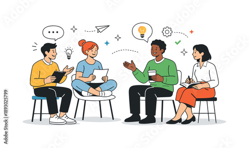 Creative Dialogue Exchange. Open conversation scene. People exchanging ideas with calm focus, seated casually with papers, tablets or coffee cups, smooth