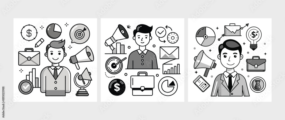 Fototapeta premium Finance and Marketing Icons in Monochrome Style
