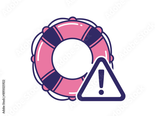 A pink lifebuoy with an exclamation mark warning sign beside it
