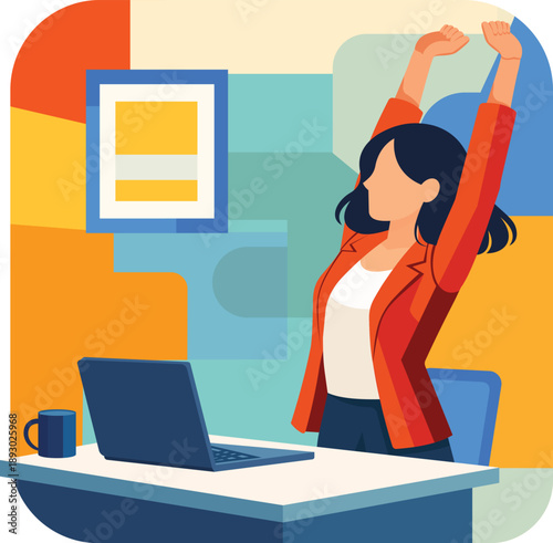 Professional worker stretching at office desk with laptop after finishing tasks Vector illustration