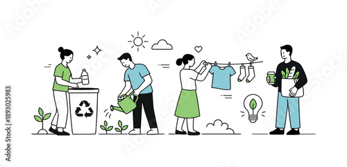 Eco-Friendly Routine. Green daily routine. A simple scene of people reducing waste and saving resources, calm movements and open space suggesting mindfulness