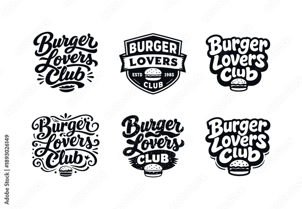 Obraz premium Creative Burger Typography. Burger Lovers Club. Set lettering. harmonious lettering variations of the same emblematic concept, each with different artistic