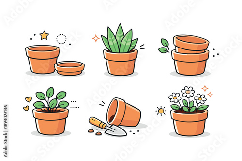 Calm Terracotta Decor. Set of terracotta plant pots. A curated selection of clay pots with and without plants, suggesting versatility and natural home decor.