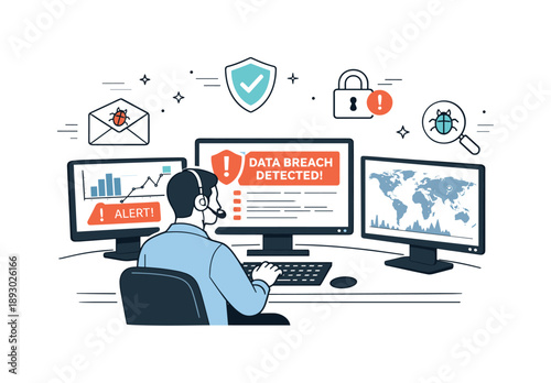 Cybersecurity Alert Monitoring. Data breach detection. A cybersecurity analyst monitoring computer screens with alerts and graphs, identifying unusual activity