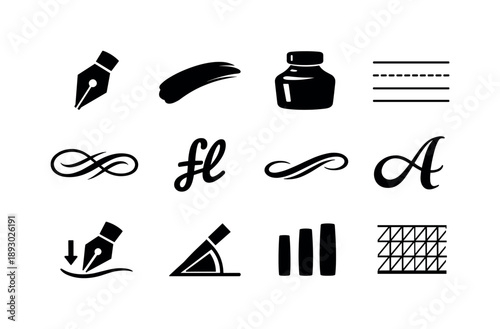 Calligraphy Icon Set. Calligraphy structure. Solid icon set of calligraphy structure: pen nib, brush stroke, ink bottle, guide lines, flourish, ligature