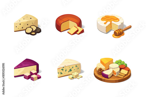 Artisan Cheese Display. Artisan cheese. Isometric flat vector icons set of artisan cheese: truffle cheese, smoked gouda, honey-drizzled brie, wine-soaked