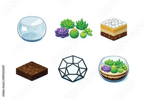 Colorful Succulent Terrarium Grid. Succulent Terrarium. Isometric flat vector icons set of Succulent Terrarium: glass terrarium bowl, assorted mini succulents,