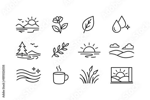 Calm Morning Icons. Calm Morning Atmosphere. Line icon set of Calm Morning Atmosphere: peaceful nature scene, soft dawn plant, quiet morning leaf, gentle dew
