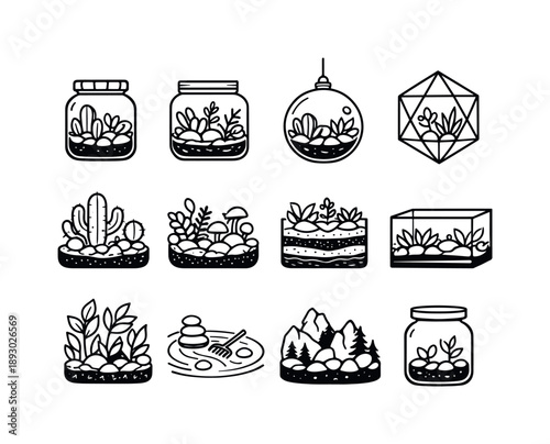 Terrarium Icon Set. Terrarium Design Styles. Line icon set of Terrarium Design Styles: closed terrarium, open jar terrarium, hanging orb, geometric shape
