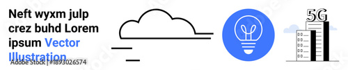 Cloud computing, 5G network, tech innovation, data transfer, digital growth, communication. Minimalist cloud, light bulb and 5G tower imagery. Cloud computing and 5G network