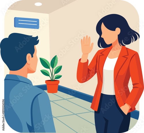 Business woman waving hello to male coworker in office corridor plant Vector illustration