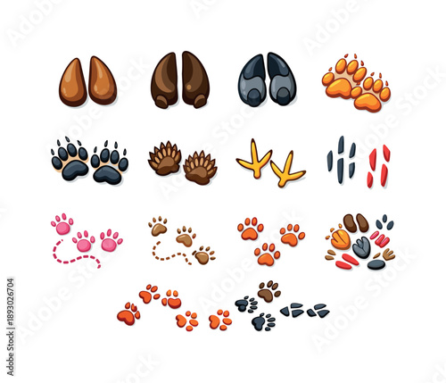 Colorful Forest Tracks. Forest Animal Tracks. Colorful isometric vector icons set of Forest Animal Tracks: deer tracks, elk tracks, boar tracks, lynx tracks,