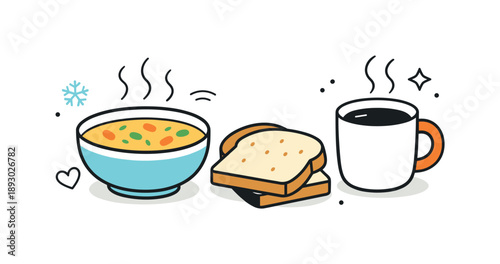 Winter Comfort Still Life. Winter comfort food props. A bowl of soup, bread slices, and a mug placed in a balanced still life composition. Calm and nourishing