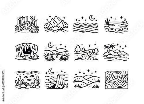 Glowing Landscape Icons. Glowing Night Landscapes. Line icon set of Glowing Night Landscapes: bioluminescent forest path, glowing mountain ridge, luminous